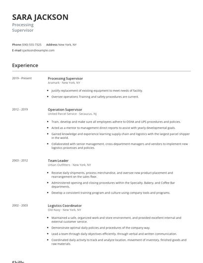 Processing Supervisor Resume
