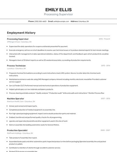 Processing Supervisor Resume
