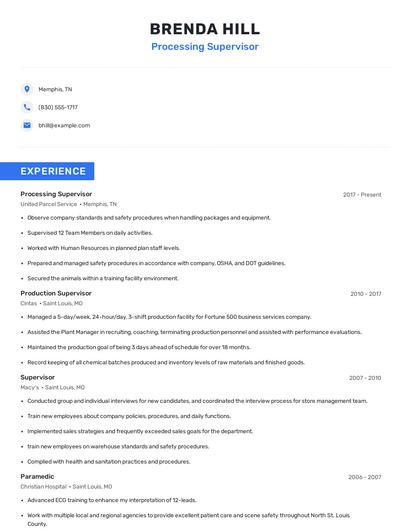 Processing Supervisor Resume