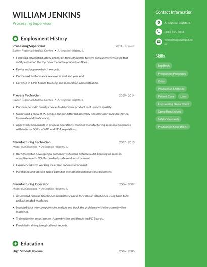 Processing Supervisor Resume