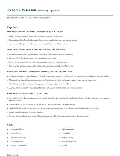 Processing Supervisor Resume