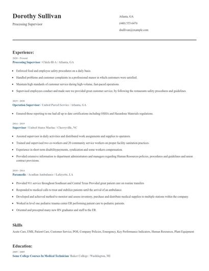 Processing Supervisor Resume