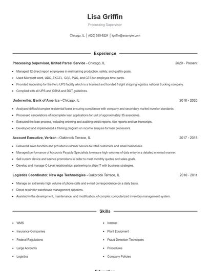 Processing Supervisor Resume