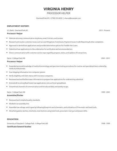 Processor Helper Resume