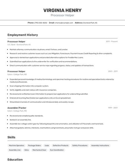 Processor Helper Resume