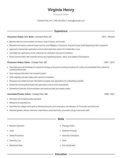 Processor Helper Resume