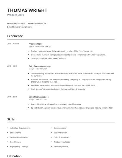 Produce Clerk Resume