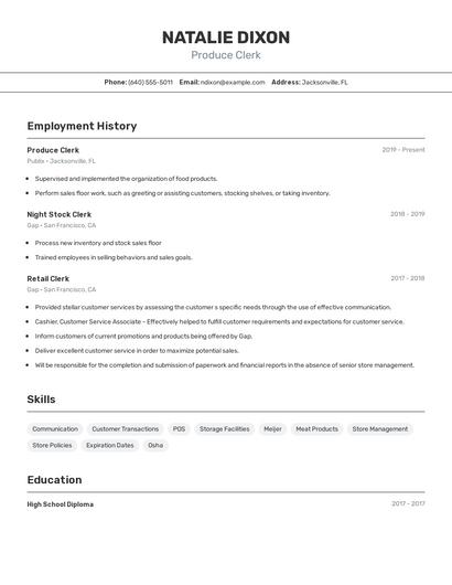 Produce Clerk Resume