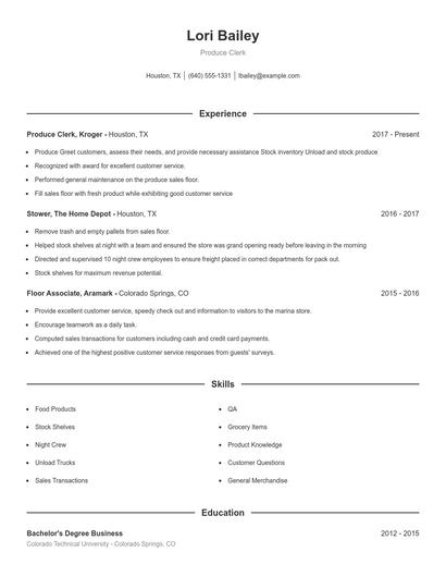 Produce Clerk Resume