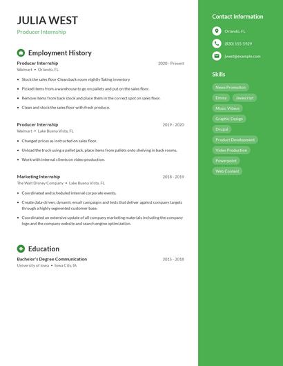 Producer Internship Resume