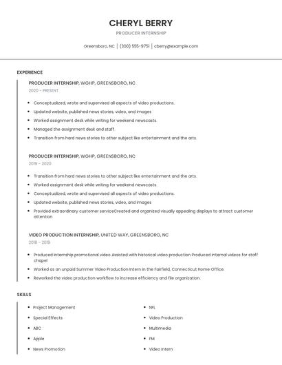 Producer Internship Resume