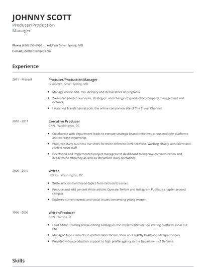 Producer/Production Manager Resume