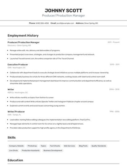 Producer/Production Manager Resume