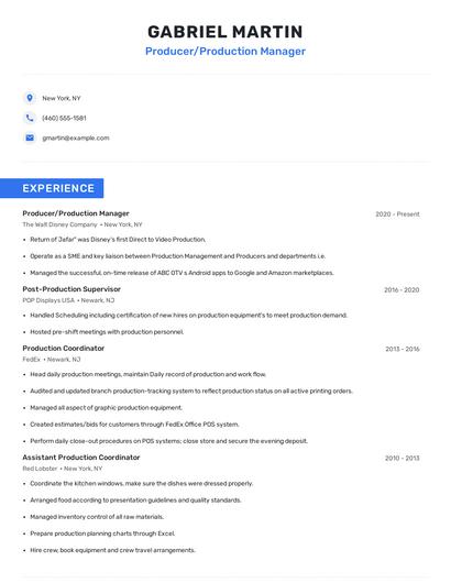 Producer/Production Manager Resume