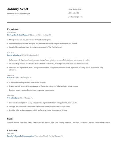 Producer/Production Manager Resume