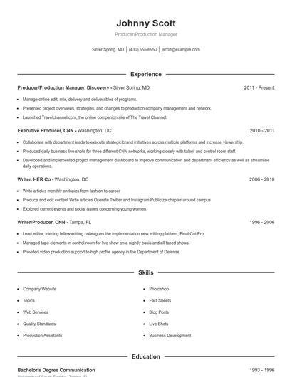 Producer/Production Manager Resume