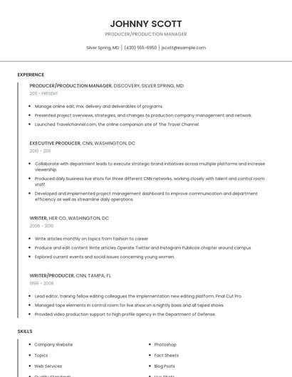 Producer/Production Manager Resume