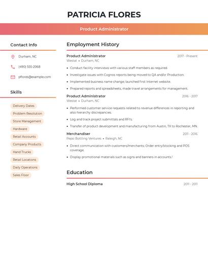 Product Administrator Resume