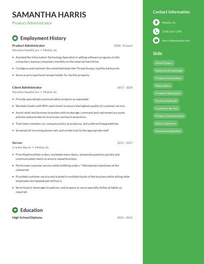 Product Administrator Resume