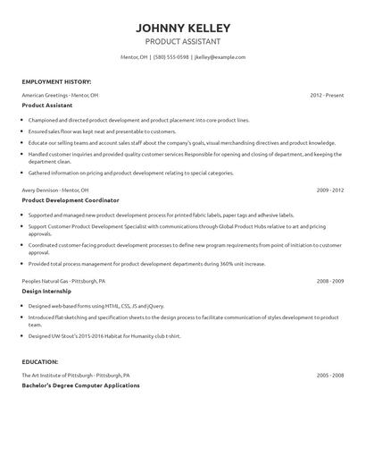 Product Assistant Resume
