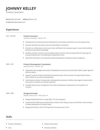 Product Assistant Resume