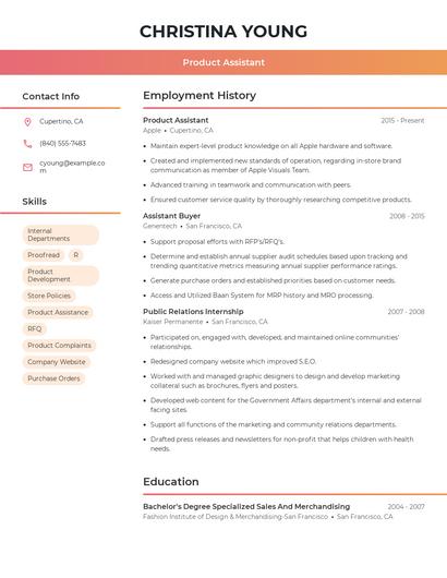 Product Assistant Resume