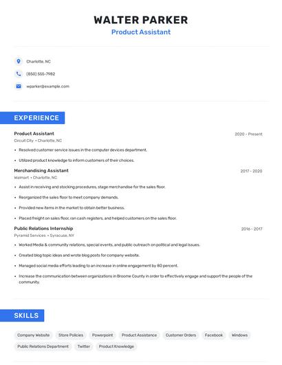 Product Assistant Resume