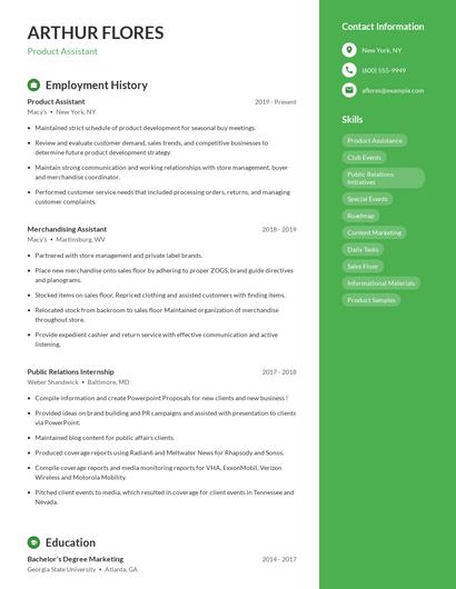 Product Assistant Resume