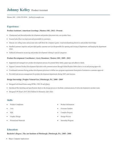 Product Assistant Resume