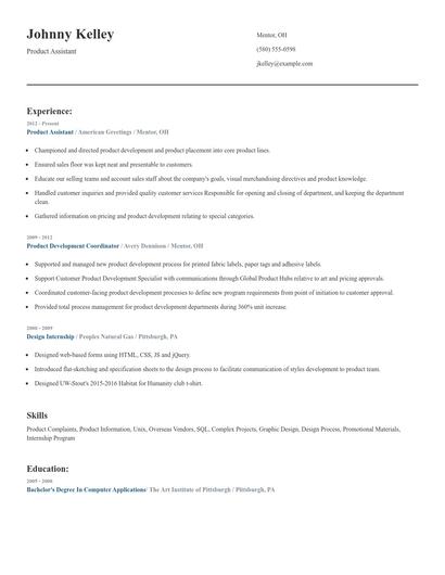 Product Assistant Resume