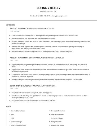Product Assistant Resume