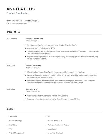Product Coordinator Resume