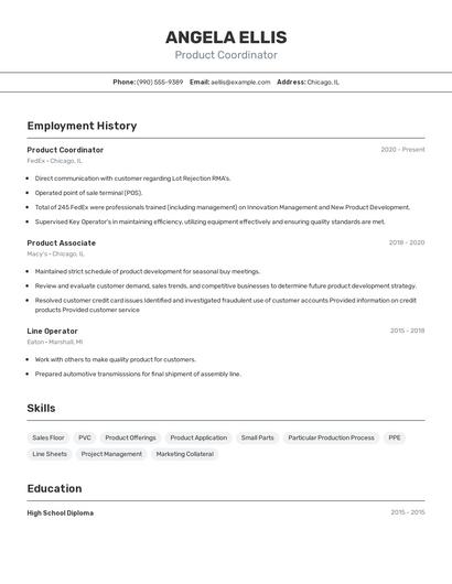 Product Coordinator Resume
