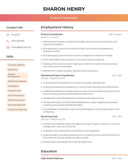 Product Coordinator Resume