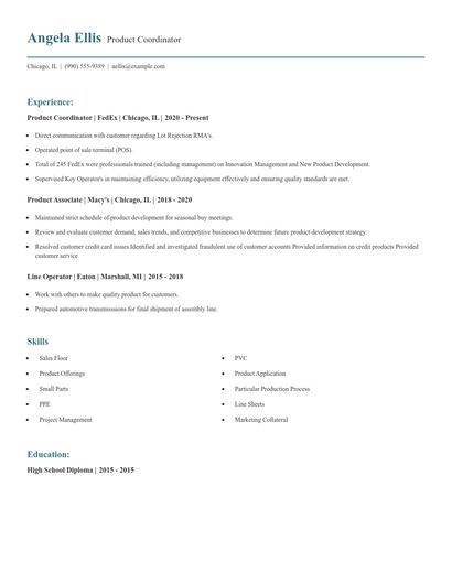 Product Coordinator Resume