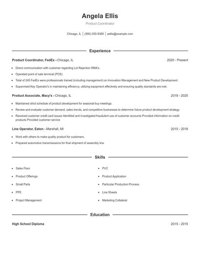 Product Coordinator Resume