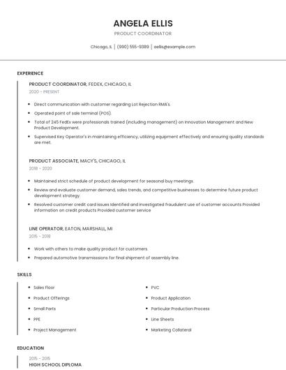 Product Coordinator Resume