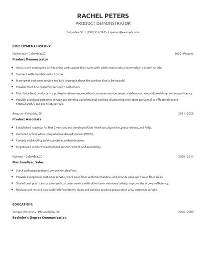 Product Demonstrator Resume