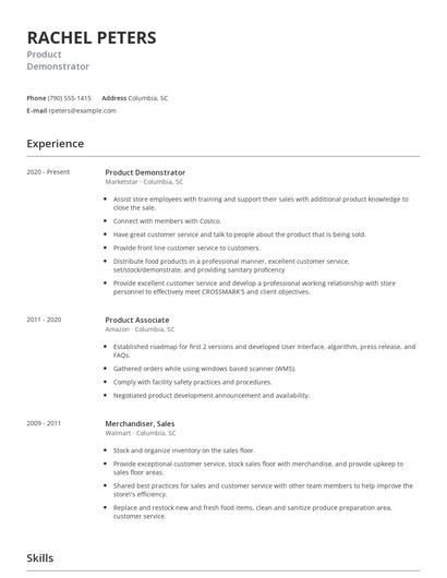 Product Demonstrator Resume