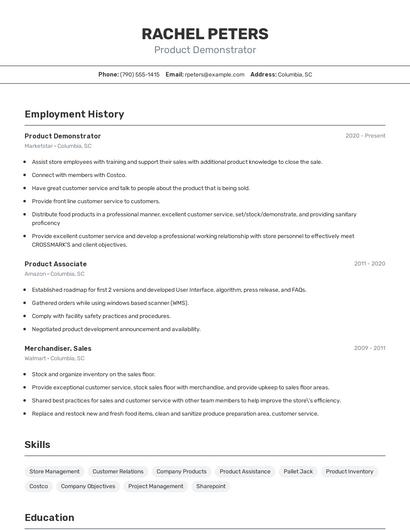 Product Demonstrator Resume