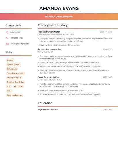 Product Demonstrator Resume