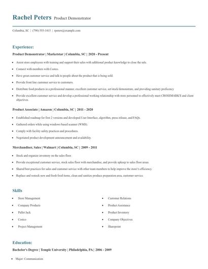 Product Demonstrator Resume