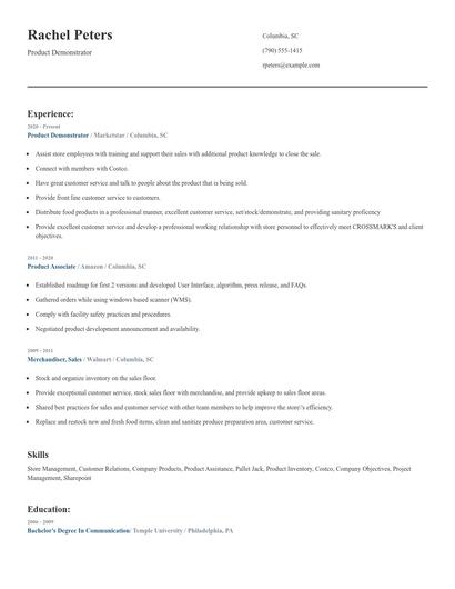 Product Demonstrator Resume