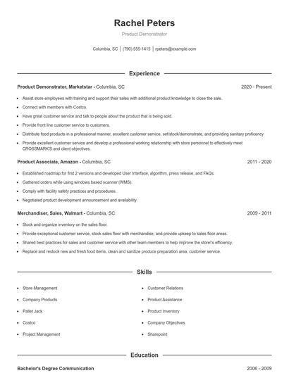 Product Demonstrator Resume