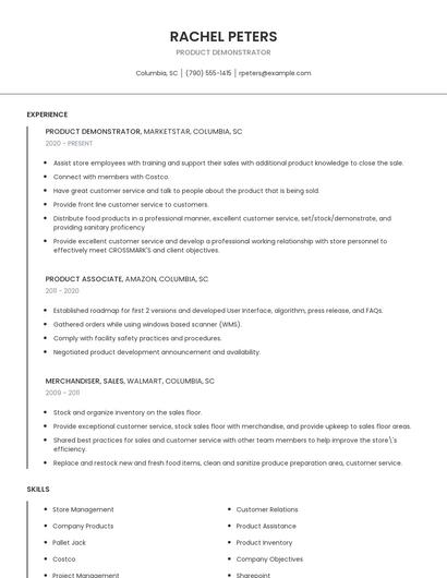 Product Demonstrator Resume