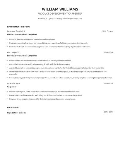 Product Development Carpenter Resume