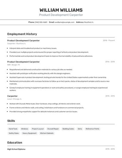 Product Development Carpenter Resume