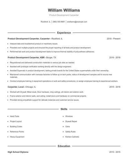 Product Development Carpenter Resume
