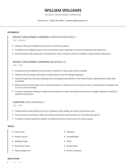 Product Development Carpenter Resume