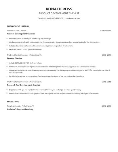 Product Development Chemist Resume